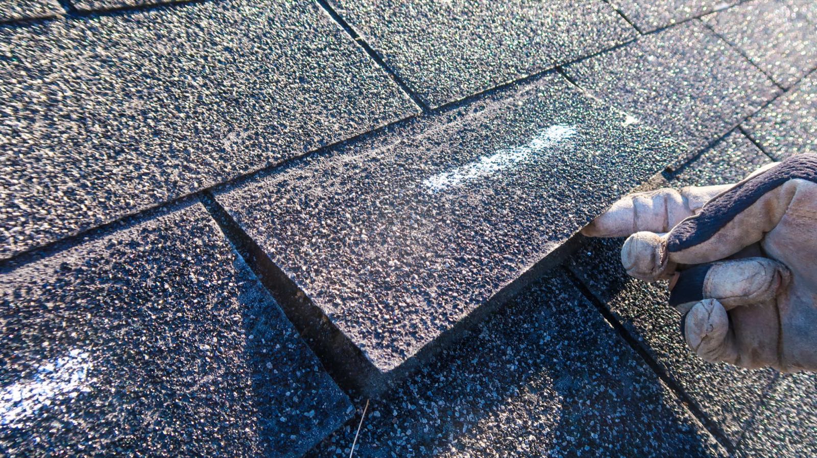 Gloved hand checking a lifted asphalt shingle during a roof inspection